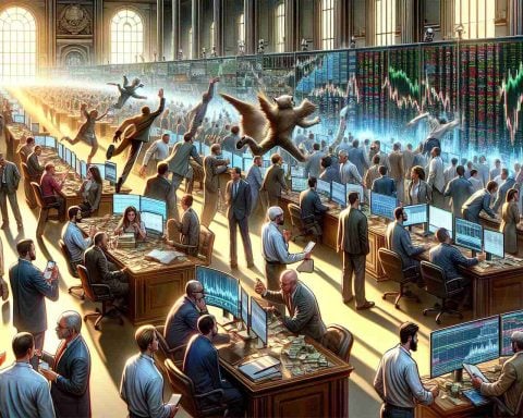 A highly detailed and realistic, high-definition depiction of a bustling stock market. Illustrate various fictional characters actively trading stocks and engaging in intense negotiations. Among them, there is a character who's known for their previous major investment endeavors. Now, against all odds and evoking surprise, they're leveraging a sudden, unexpected surge in their financial performance. Convey the chaos and excitement of this unexpected twist with the tumultuous environment and the various reactions of the people around.