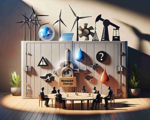 A high-definition, realistic image depicting the concept of 'Hidden Secrets and Controversies'. The scene should include symbolic representations of energy investments such as wind turbines, solar panels, and traditional oil drills. Incorporate various symbols of secrecy, like hidden doors, locked boxes, or clandestine meetings in shadowy rooms. Additionally, create a balanced representation of controversy with symbols like a set of scales or opposition icons. The energy symbols should reflect NextEra Energy without clear branding or logos.