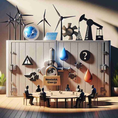 A high-definition, realistic image depicting the concept of 'Hidden Secrets and Controversies'. The scene should include symbolic representations of energy investments such as wind turbines, solar panels, and traditional oil drills. Incorporate various symbols of secrecy, like hidden doors, locked boxes, or clandestine meetings in shadowy rooms. Additionally, create a balanced representation of controversy with symbols like a set of scales or opposition icons. The energy symbols should reflect NextEra Energy without clear branding or logos.