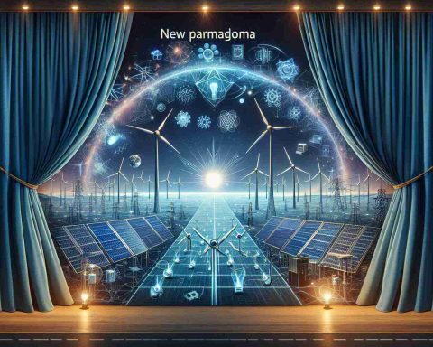 Generate a high-definition image that symbolizes the revolution in energy transfer. Depict innovative devices or systems, such as futuristic solar panels, wind turbines, or electrical grids. Use visual metaphors to express the concept of a 'new paradigm' uncovered, like a curtain pulling back to reveal an advanced energy landscape.