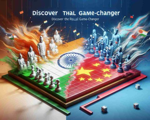 A realistic, high-definition image showing an abstract representation of the concept of India surpassing China in a playful competition, perhaps a board game or a sports match. Neither countries are represented by identifiable figures or symbols, but rather by distinct colors or patterns. The image also includes a title banner that says 'Discover the Real Game-Changer'. Let's depict this scene as vibrant, dynamic and catching the viewer's intrigue.