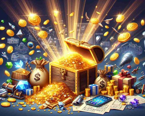 Create a high-definition image that symbolizes the success of a well-known game development company referred to as 'SAGA'. Depict this through various elements such as overflowing treasure chests, piles of gold coins and shiny diamonds. Also incorporate symbolic representations of future projects such as architectural blueprints, technological gadgets, and innovative game designs strewn around. Convey a sense of excitement and anticipation for what's to come.