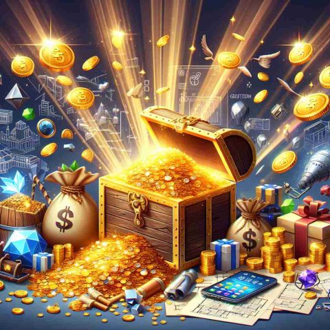 Create a high-definition image that symbolizes the success of a well-known game development company referred to as 'SAGA'. Depict this through various elements such as overflowing treasure chests, piles of gold coins and shiny diamonds. Also incorporate symbolic representations of future projects such as architectural blueprints, technological gadgets, and innovative game designs strewn around. Convey a sense of excitement and anticipation for what's to come.