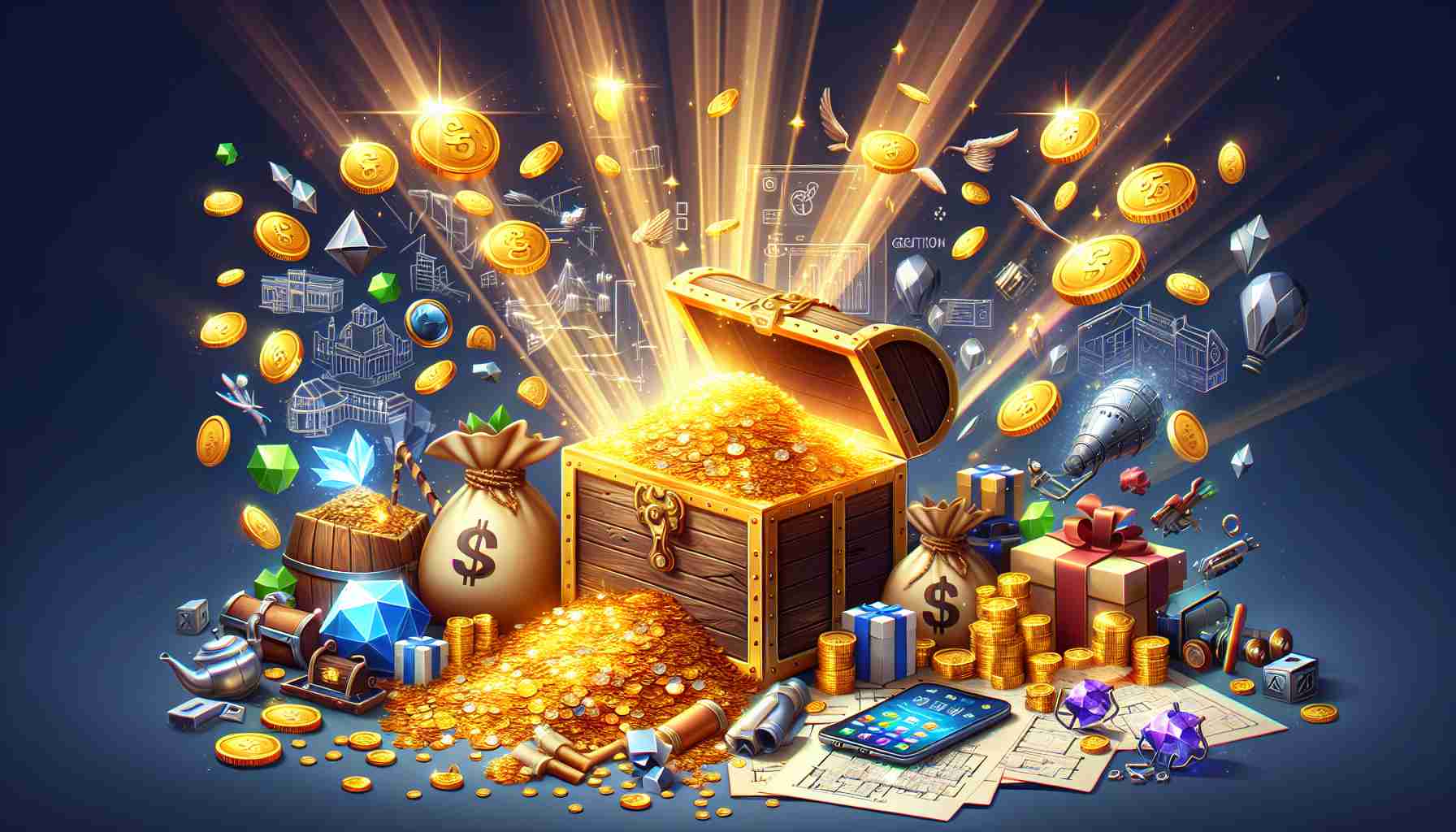 Create a high-definition image that symbolizes the success of a well-known game development company referred to as 'SAGA'. Depict this through various elements such as overflowing treasure chests, piles of gold coins and shiny diamonds. Also incorporate symbolic representations of future projects such as architectural blueprints, technological gadgets, and innovative game designs strewn around. Convey a sense of excitement and anticipation for what's to come.