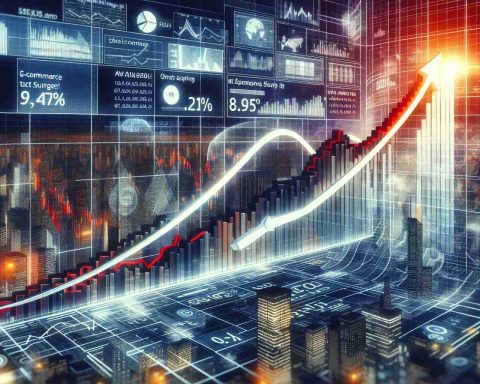 A detailed and realistic HD depiction of an upwards pointing graph symbolizing the surge of a generic e-commerce company's stocks. The graph is ascending against the backdrop of a bustling digital market scene, with digital data and numbers around. A large banner at the top reads, 'E-commerce Stock Surges! What's Driving the Unexpected Rise?'