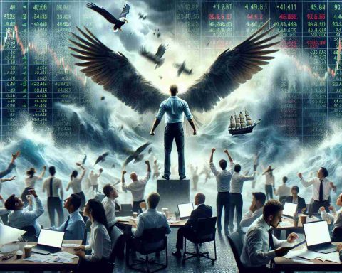 Create a realistic HD photo of an unexpected scenario in the midst of a market turmoil. The image should depict a fluctuating stock ticker board, individuals with stunned expressions as they look at their screens or papers which depict investment outcomes. The center of the image should be a triumphant figure, metaphorically standing tall amidst the chaos - perhaps represented by a soaring eagle or a ship navigating stormy seas. Please focus on creating a balance between the disorder of the market and the unexpected victory.