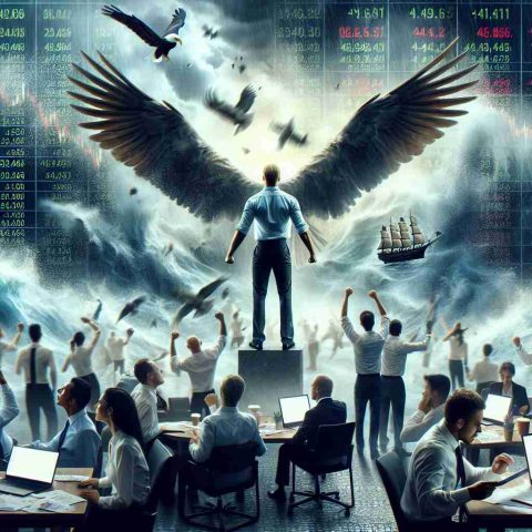 Create a realistic HD photo of an unexpected scenario in the midst of a market turmoil. The image should depict a fluctuating stock ticker board, individuals with stunned expressions as they look at their screens or papers which depict investment outcomes. The center of the image should be a triumphant figure, metaphorically standing tall amidst the chaos - perhaps represented by a soaring eagle or a ship navigating stormy seas. Please focus on creating a balance between the disorder of the market and the unexpected victory.