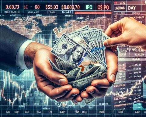 A detailed, high-definition photograph featuring the concept of cashing in after an IPO listing day. The scene includes a close-up of a pair of hands holding a pile of shares certificates with 'IPO' written on them and another hand presenting cash. The background consists of a stock market graph showing a sharp rise in value and date indicating the listing day, all this under the headline, 'Can You Cash in on IPO Shares Immediately After the Listing Day?'