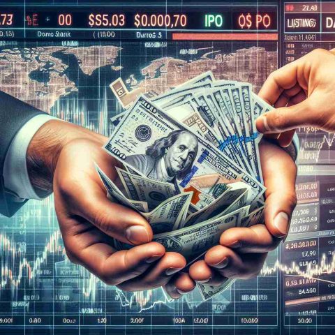 A detailed, high-definition photograph featuring the concept of cashing in after an IPO listing day. The scene includes a close-up of a pair of hands holding a pile of shares certificates with 'IPO' written on them and another hand presenting cash. The background consists of a stock market graph showing a sharp rise in value and date indicating the listing day, all this under the headline, 'Can You Cash in on IPO Shares Immediately After the Listing Day?'