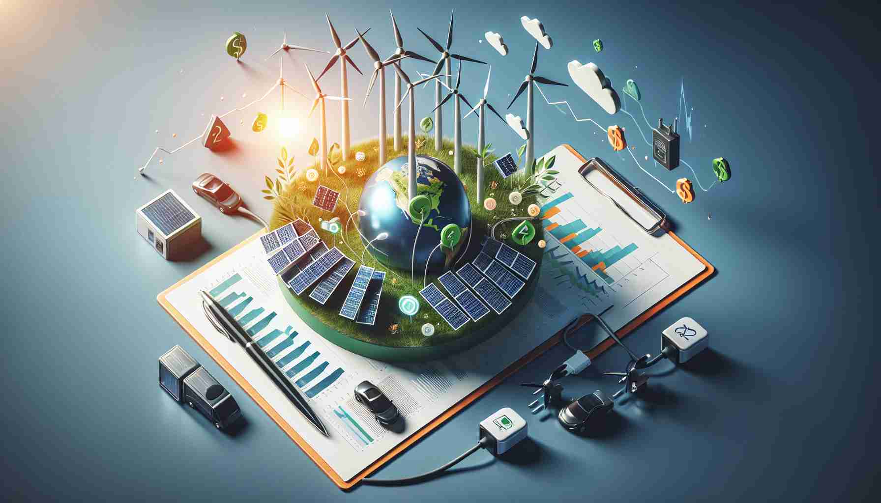 Create a high-definition, realistic image representative of soaring investments in renewable energy. It should depict elements such as solar panels, wind turbines and electrical charging stations. The sentiment should be positive and optimistic, suggesting there’s a surprising element to this green endeavor. Do not depict any specific persons, only symbols of clean energy, and documentation such as graphs or certificates demonstrating the substantial increase in investment.