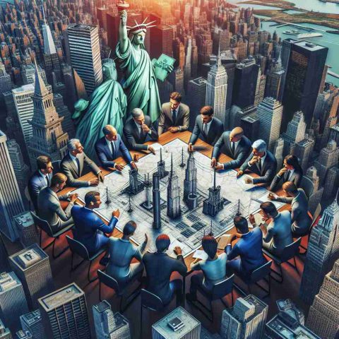 A realistic high-definition image representing a metaphorical scene of investors from New York shaking up a generic energy company. Perhaps displaying a group of men and women in suits gathered around a table with an unfolded map, discussing strategies. The persons around the table could be of different descents like Caucasian, Hispanic, Black, Middle-Eastern, and South Asian. The backdrop might consist of skyscrapers or iconic elements of New York City like the Statue of Liberty, reiterating the edgy urban vibe of the business world.