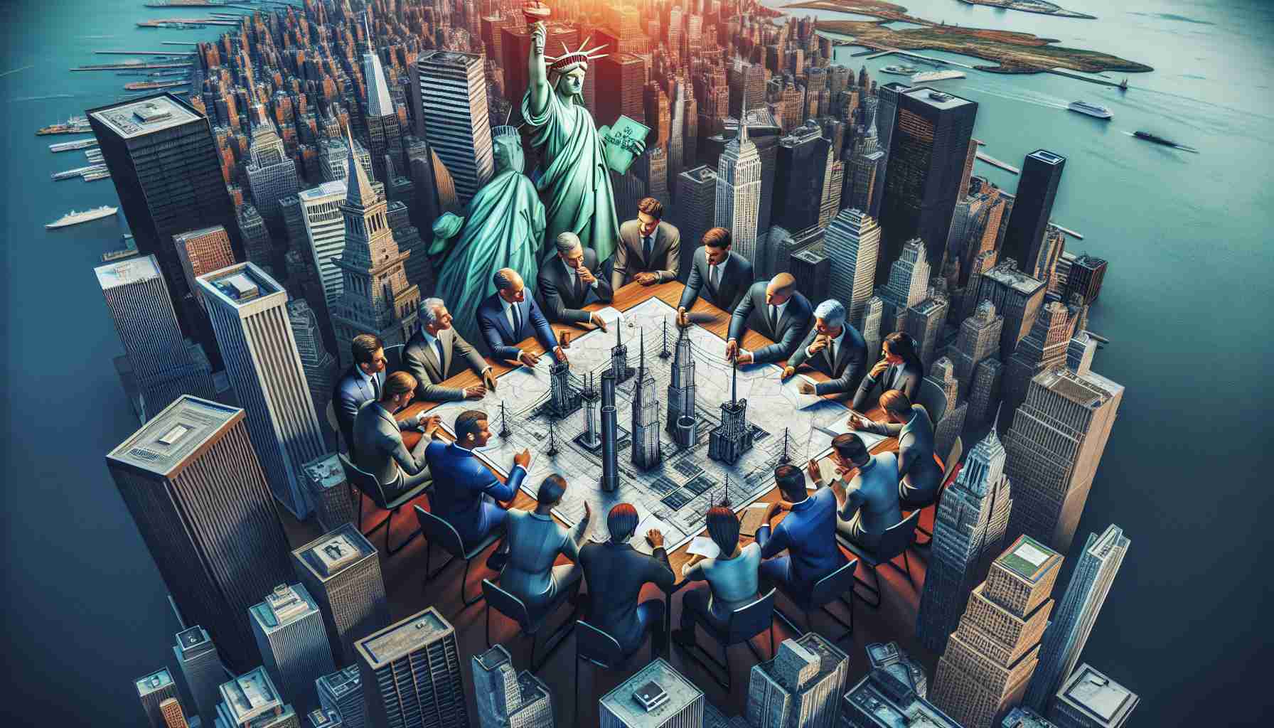 A realistic high-definition image representing a metaphorical scene of investors from New York shaking up a generic energy company. Perhaps displaying a group of men and women in suits gathered around a table with an unfolded map, discussing strategies. The persons around the table could be of different descents like Caucasian, Hispanic, Black, Middle-Eastern, and South Asian. The backdrop might consist of skyscrapers or iconic elements of New York City like the Statue of Liberty, reiterating the edgy urban vibe of the business world.