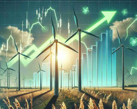 An illustrative depiction of trending bullish trading chart associated with renewable energy company, indicating a surge. Visual cues such as rising arrows and highlighted columns in green on the chart indicate a positive trend. The chart is superimposed on a backdrop representing hidden factors positively influencing the stock's performance, like wind turbines in a field under a clear and sunny sky, symbolizing the renewable energy source that the company is associated with.