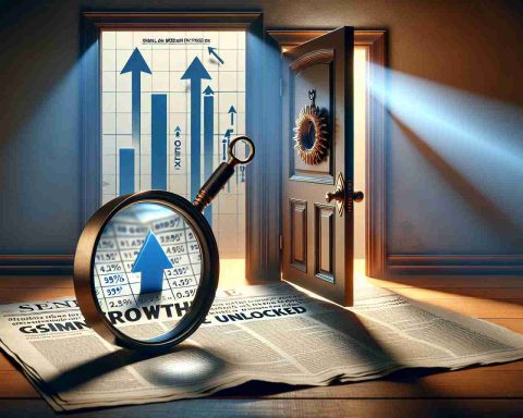 A hyper-realistic high-definition image conceptually representing growth potential unlocked. The image tells the narrative of an open door with the key still inside the lock, indicating the act of unlocking. Inside of the room revealed by the open door, there's a symbolic up-arrow chart, illustrating the increasing trend associated with growth. Additionally, on another side of the image, a newspaper headline reads: 'The Importance of SME Index' lending a sense of relevance to the overall theme. A magnifying glass over the newspaper headline, highlighting the vital importance of Small and Medium Enterprises in today's economy.