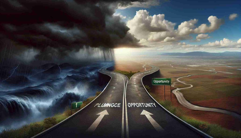 A highly detailed, realistic illustration representing the concept of uncertainty versus opportunity. There should be a representation of two roads diverging, one labeled 'Plunge' and the other 'Opportunity'. On one side, show a stormy, dark scenery to represent the uncertainty, and on the other side portray a sunny day with a clear path to represent opportunity.