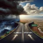 A highly detailed, realistic illustration representing the concept of uncertainty versus opportunity. There should be a representation of two roads diverging, one labeled 'Plunge' and the other 'Opportunity'. On one side, show a stormy, dark scenery to represent the uncertainty, and on the other side portray a sunny day with a clear path to represent opportunity.