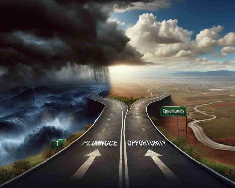 A highly detailed, realistic illustration representing the concept of uncertainty versus opportunity. There should be a representation of two roads diverging, one labeled 'Plunge' and the other 'Opportunity'. On one side, show a stormy, dark scenery to represent the uncertainty, and on the other side portray a sunny day with a clear path to represent opportunity.