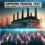 A high-definition digital representation of a headline that reads 'Surprising Financial Twist! Power Company's Big Move Stuns Investors.' Beneath the headline, illustrate a large power plant silhouetted against a sunset with electrical lines stretching out in all directions. Arrays of numbers and charts, symbols of stock market prices, line the bottom of the image, reflecting the dramatic impact on investors.