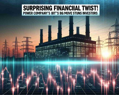 A high-definition digital representation of a headline that reads 'Surprising Financial Twist! Power Company's Big Move Stuns Investors.' Beneath the headline, illustrate a large power plant silhouetted against a sunset with electrical lines stretching out in all directions. Arrays of numbers and charts, symbols of stock market prices, line the bottom of the image, reflecting the dramatic impact on investors.