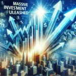 Generate a realistic, high-definition image which illustrates the concept of 'Massive Investment Unleashed', representing a strong economic boom in America. The image could incorporate graphical elements such as upwards-pointing arrows, dollar signs, skyscrapers or other symbols of prosperity and economic growth. The image should effectively convey the energy, dynamism and optimism associated with an economic surge.