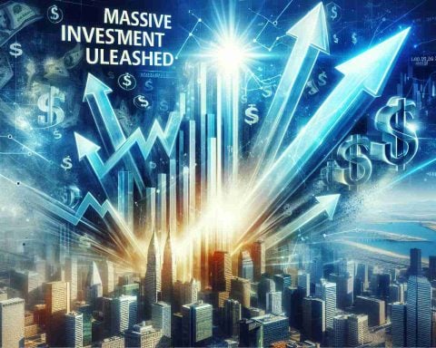 Generate a realistic, high-definition image which illustrates the concept of 'Massive Investment Unleashed', representing a strong economic boom in America. The image could incorporate graphical elements such as upwards-pointing arrows, dollar signs, skyscrapers or other symbols of prosperity and economic growth. The image should effectively convey the energy, dynamism and optimism associated with an economic surge.