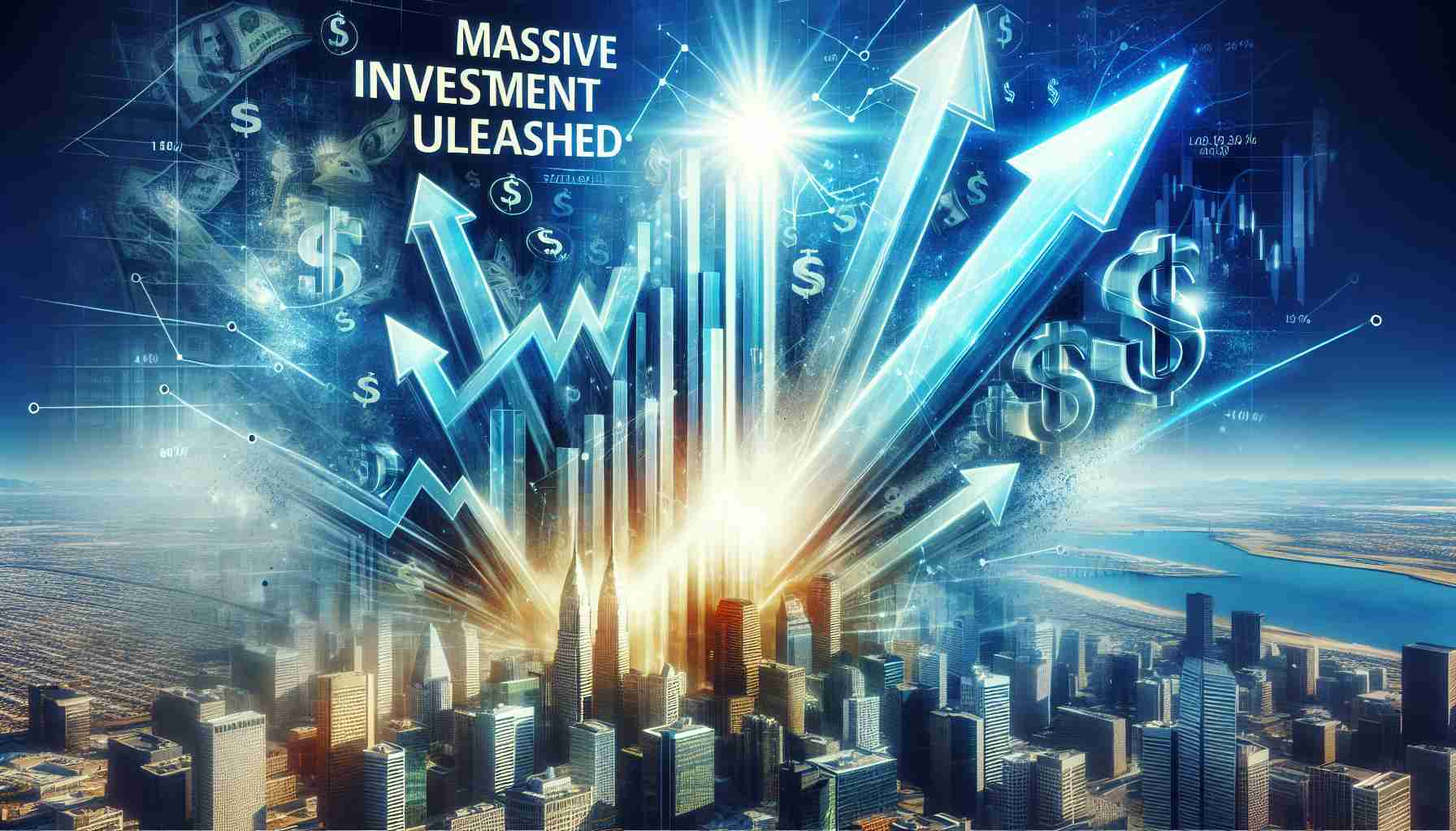 Generate a realistic, high-definition image which illustrates the concept of 'Massive Investment Unleashed', representing a strong economic boom in America. The image could incorporate graphical elements such as upwards-pointing arrows, dollar signs, skyscrapers or other symbols of prosperity and economic growth. The image should effectively convey the energy, dynamism and optimism associated with an economic surge.