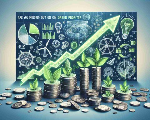 Generate an HD image that realistically represents the concept 'Are You Missing Out on Green Profits? Discover the Power of Renewable Energy Mutual Funds'. This image could include symbols or representations of financial success and prosperity (like stacks of coins or a rising graph), along with symbols associated with renewable energy (like wind turbines, solar panels, or leaves). The composition should suggest the possibility of profit through investing in renewable energy, with a questioning tone presented for the viewer.