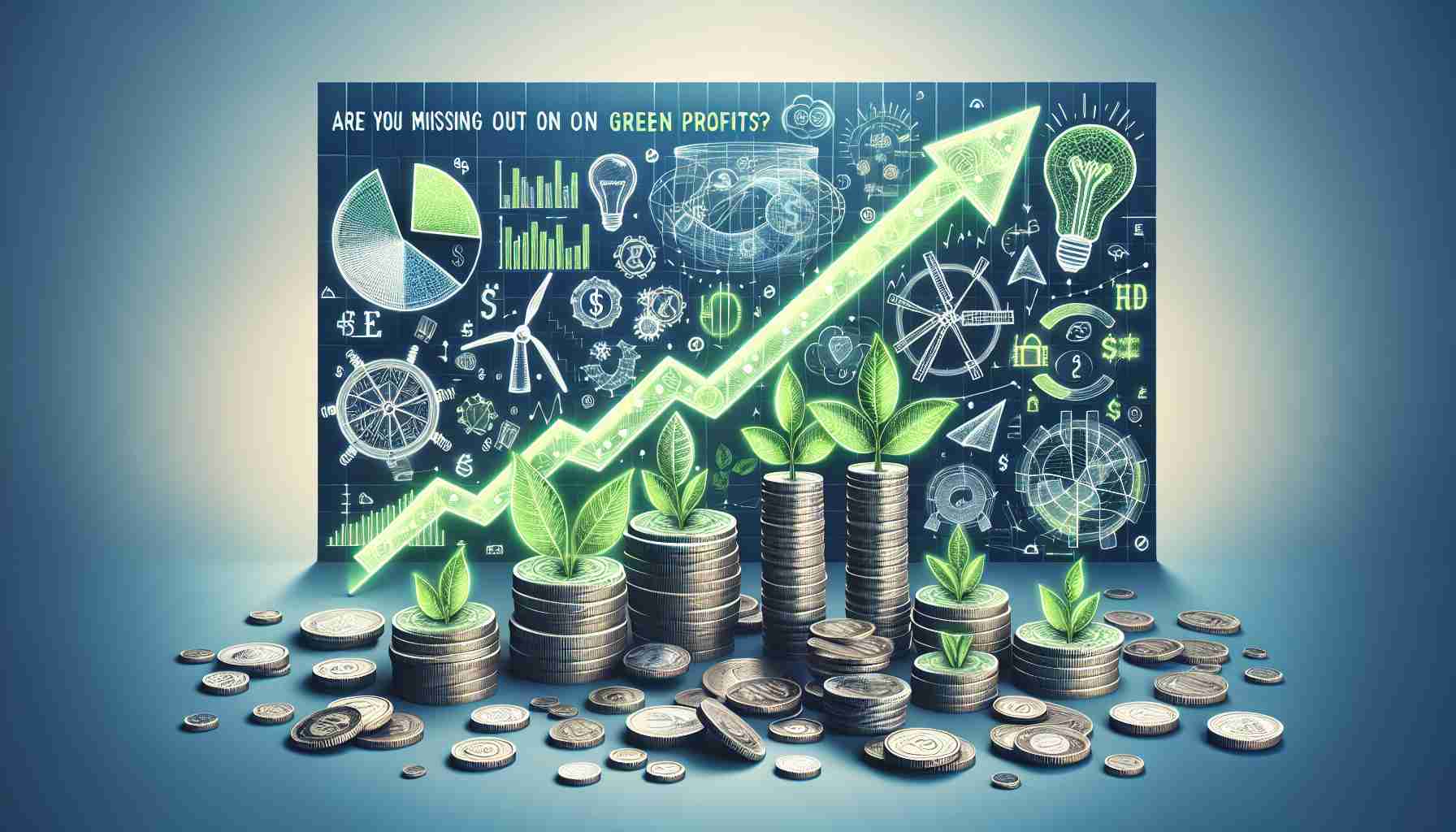 Generate an HD image that realistically represents the concept 'Are You Missing Out on Green Profits? Discover the Power of Renewable Energy Mutual Funds'. This image could include symbols or representations of financial success and prosperity (like stacks of coins or a rising graph), along with symbols associated with renewable energy (like wind turbines, solar panels, or leaves). The composition should suggest the possibility of profit through investing in renewable energy, with a questioning tone presented for the viewer.