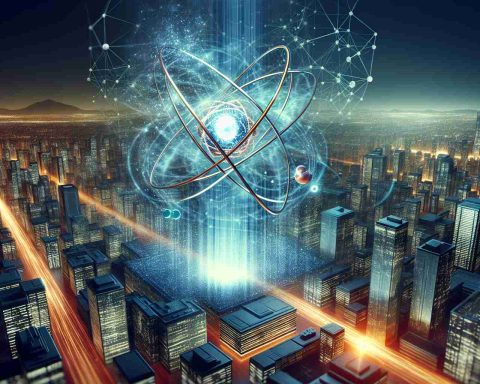 A high-definition image representing the conceptual idea of a 'Quantum Leap', related to future tech innovations that could make a significant change in everything. This could be illustrated as particle physics concepts meeting advanced technology, symbolized by a dynamic 3D model of an atom with the particles leaping between energy levels, set against a background of futuristic cityscape full of high-tech buildings and devices.