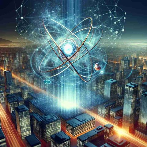 A high-definition image representing the conceptual idea of a 'Quantum Leap', related to future tech innovations that could make a significant change in everything. This could be illustrated as particle physics concepts meeting advanced technology, symbolized by a dynamic 3D model of an atom with the particles leaping between energy levels, set against a background of futuristic cityscape full of high-tech buildings and devices.