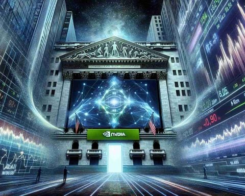 An illustrative representation of AI technology playing a significant part in financial markets. The focus should be on a realistic HD imagery of the Nasdaq stock exchange, prominently featuring an abstract symbol or logo representing NVIDIA. Accompany this with a depiction of advanced AI analytics, like futuristic holographic data charts and streams of binary code, indicating a new era in financial trading. The scene should also hint at undiscovered potential, maybe through a partially unveiled treasure chest or a door half-open to an expanse of stars.