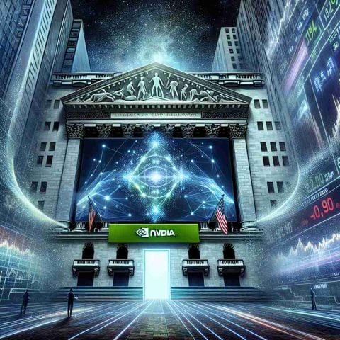 An illustrative representation of AI technology playing a significant part in financial markets. The focus should be on a realistic HD imagery of the Nasdaq stock exchange, prominently featuring an abstract symbol or logo representing NVIDIA. Accompany this with a depiction of advanced AI analytics, like futuristic holographic data charts and streams of binary code, indicating a new era in financial trading. The scene should also hint at undiscovered potential, maybe through a partially unveiled treasure chest or a door half-open to an expanse of stars.