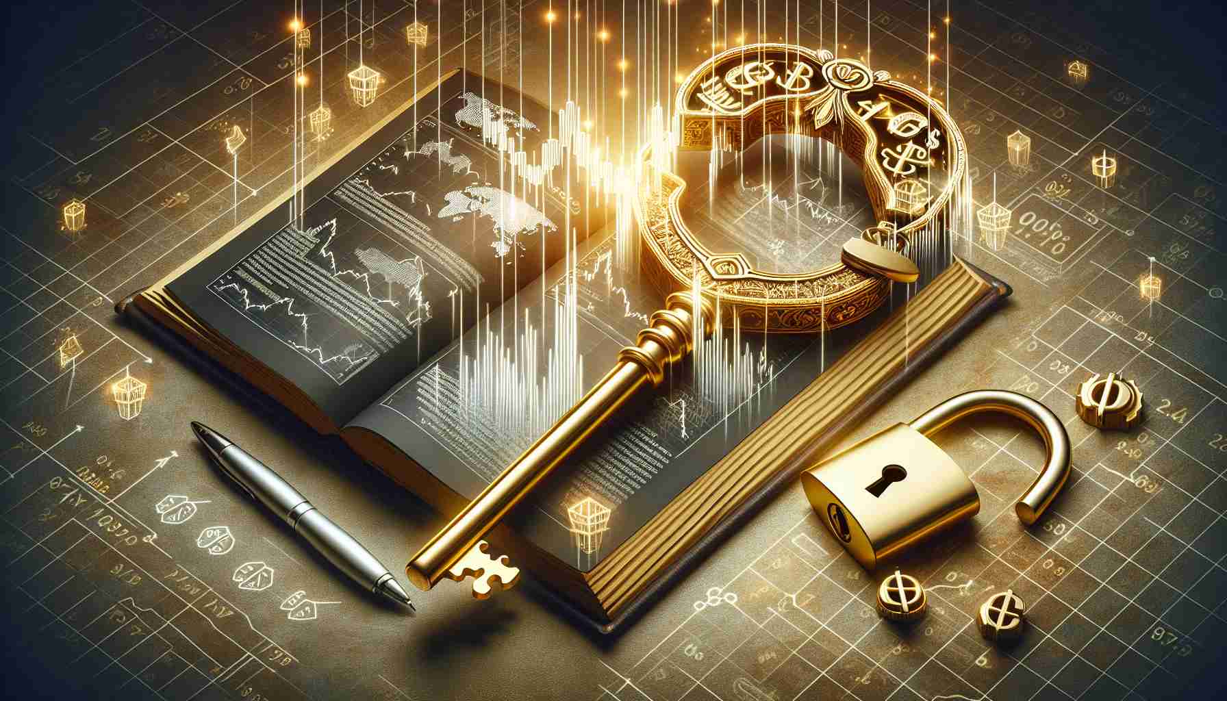 Create a high-definition image related to the concept of unlocking the secrets of IPO success. Illustrate this with a detailed depiction of a golden key symbolizing knowledge and access, with its teeth cut out to resemble stock market graph. Include a large lock with various financial symbols engraved upon it, represent the IPO. Also, add a book or document on the side, the pages opened to symbolize the learning and understanding process.