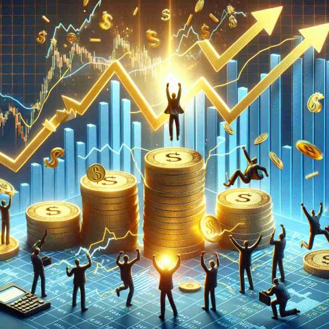 Create a detailed, high-definition realistic interpretation of a financial market scenario where unexpected stocks are soaring towards unprecedented peaks. Use visual symbols to represent stock market such as ascending graph lines, arrows pointing upwards, and bar charts experiencing a sharp increase. Sprinkle in some elements like triumphant golden coins and enthusiastic traders cheering as symbolic representations of a surging bull market.