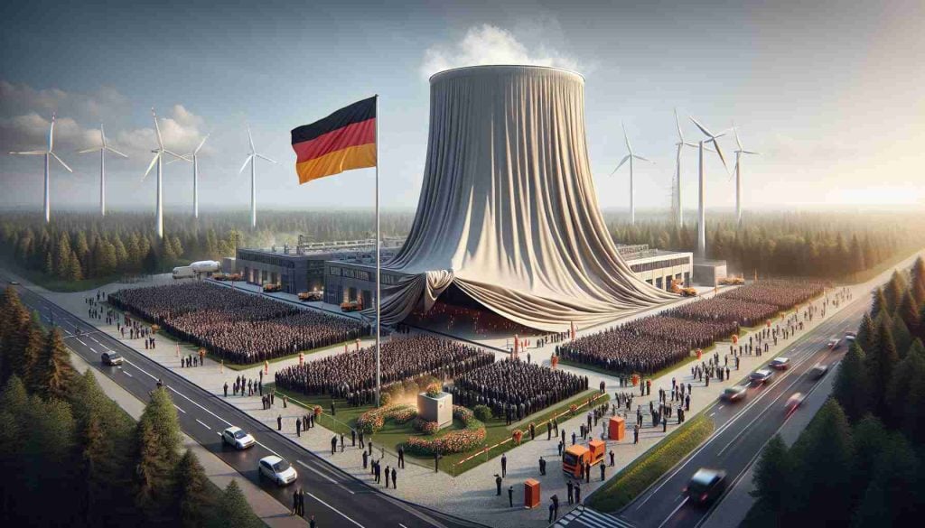 An image showing a large-scale investment project being revealed. It involves a world-renowned European energy company, particularly in Germany. A giant fabric cover is being pulled off a large structure, symbolizing the unveiling. Onlookers, including project engineers, investors, and the press, gather around to witness the event, eagerly anticipating the reveal. In the background, the German national flag waves in the wind, establishing the location. The image is captured in high-definition, creating a realistic impression of the grandeur and anticipation surrounding the event.