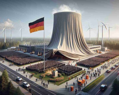 An image showing a large-scale investment project being revealed. It involves a world-renowned European energy company, particularly in Germany. A giant fabric cover is being pulled off a large structure, symbolizing the unveiling. Onlookers, including project engineers, investors, and the press, gather around to witness the event, eagerly anticipating the reveal. In the background, the German national flag waves in the wind, establishing the location. The image is captured in high-definition, creating a realistic impression of the grandeur and anticipation surrounding the event.