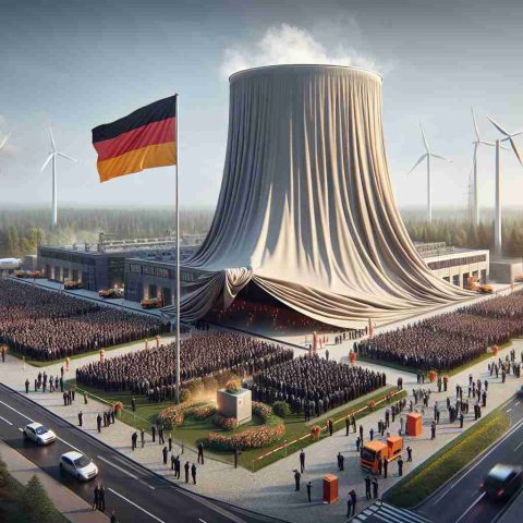 An image showing a large-scale investment project being revealed. It involves a world-renowned European energy company, particularly in Germany. A giant fabric cover is being pulled off a large structure, symbolizing the unveiling. Onlookers, including project engineers, investors, and the press, gather around to witness the event, eagerly anticipating the reveal. In the background, the German national flag waves in the wind, establishing the location. The image is captured in high-definition, creating a realistic impression of the grandeur and anticipation surrounding the event.