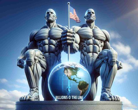 A hyper-realistic high-definition image of two metaphorical titanic figures teaming up for a global mission. The figures are tall and robust, displaying strength and unity. Their mission is global, perhaps represented by a globe at their feet. Emblazoned in the sky, a banner reading 'Billions on the Line' underscores the immense stakes of their mission.