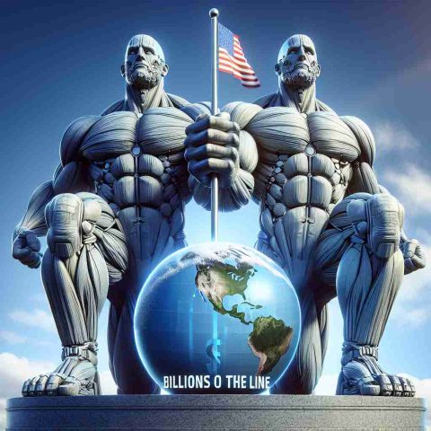 A hyper-realistic high-definition image of two metaphorical titanic figures teaming up for a global mission. The figures are tall and robust, displaying strength and unity. Their mission is global, perhaps represented by a globe at their feet. Emblazoned in the sky, a banner reading 'Billions on the Line' underscores the immense stakes of their mission.