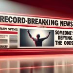 A realistic, high-definition image of a news agency's headline banner that reads: 'Record-Breaking News! Someone's Defying the Odds!' The banner has a stimulating red and white theme. Alongside the headline, there is a generic placeholder image of a silhouette showing a person winning on a thrilling journey or overcoming significant obstacles.