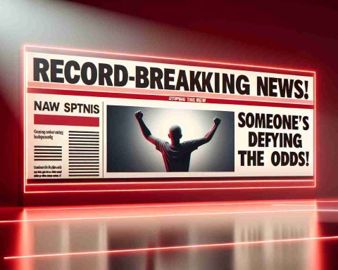 A realistic, high-definition image of a news agency's headline banner that reads: 'Record-Breaking News! Someone's Defying the Odds!' The banner has a stimulating red and white theme. Alongside the headline, there is a generic placeholder image of a silhouette showing a person winning on a thrilling journey or overcoming significant obstacles.