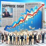 A high-definition, realistic image showing a surprise event that has uplifted the stock market sentiment. The image representation should include a bar chart depicting dramatic increase in stock prices, a group of people showing overwhelmingly positive reactions, and newspaper headlines announcing this unexpected turn of events.