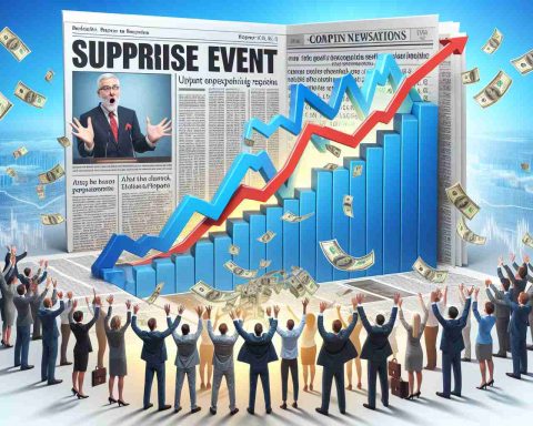 A high-definition, realistic image showing a surprise event that has uplifted the stock market sentiment. The image representation should include a bar chart depicting dramatic increase in stock prices, a group of people showing overwhelmingly positive reactions, and newspaper headlines announcing this unexpected turn of events.