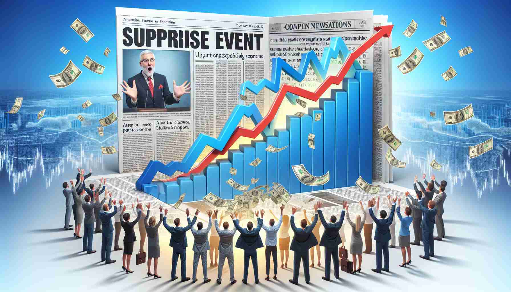 A high-definition, realistic image showing a surprise event that has uplifted the stock market sentiment. The image representation should include a bar chart depicting dramatic increase in stock prices, a group of people showing overwhelmingly positive reactions, and newspaper headlines announcing this unexpected turn of events.