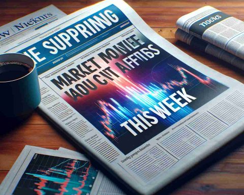 A realistic, high-definition image of a digital newspaper headline or banner that reads, 'The Surprising Market Moves You Can't Afford to Miss This Week', hinting at important financial news. The headline is styled in bold letters, made even more attention-grabbing with a dramatic color gradient. The background subtly suggests stock markets with abstract images of charts, graphs or financial symbols. The scene is completed with newspapers scattered on a wooden table, a cup of freshly brewed coffee by its side suggesting a fresh start of the day with important financial insights.