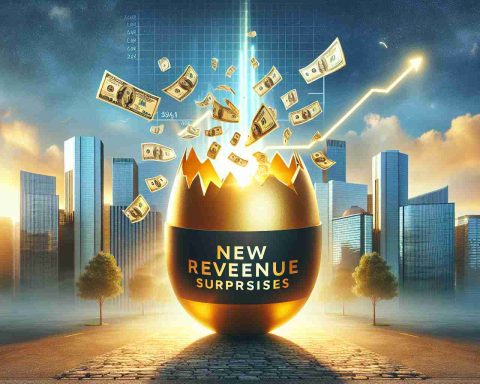 Create a realistic high definition image showcasing a concept of 'New Revenue Surprises'. This could be symbolized with a giant golden egg cracking open with dollar bills flying out, lights shining brightly around it, set in a financial district in the early morning light. Include tall glass skyscrapers in the backdrop, and add a sky filled with increasing line graphs, hinting at a positive financial growth. A banner reading 'Find Out Which Segment Shines' floats in the sky above to highlight the concept.