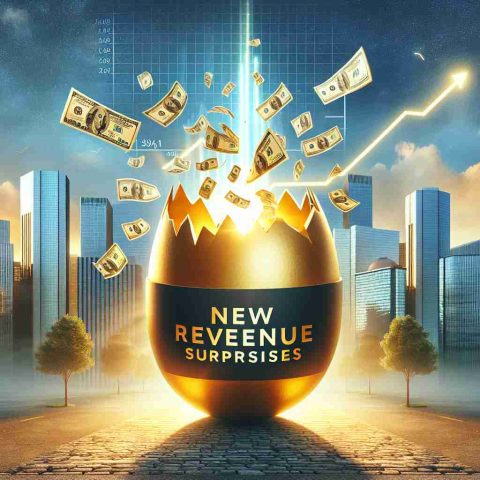 Create a realistic high definition image showcasing a concept of 'New Revenue Surprises'. This could be symbolized with a giant golden egg cracking open with dollar bills flying out, lights shining brightly around it, set in a financial district in the early morning light. Include tall glass skyscrapers in the backdrop, and add a sky filled with increasing line graphs, hinting at a positive financial growth. A banner reading 'Find Out Which Segment Shines' floats in the sky above to highlight the concept.