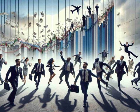 Depict a conceptual image of an unexpected shift in financial markets. Show a metaphorical scene where affluent investors, symbolized as well-dressed businessmen from different descents i.e., Caucasian, Black, Hispanic, Middle-Eastern, and South Asian, are seen moving away from a soaring graph that represents a 'high-flying stock'. Emphasize a sense of surprise and urgency in the atmosphere. Make it a realistic image in high definition.