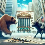 A high-definition realistic image representing a metaphoric perception of the 'Coinbase Chaos'. The picture should include a bear and a bull locked in battle in front of a stock exchange building. Follow this with visual representations of newspaper headlines indicating a big event in the financial industry.