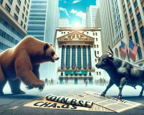 A high-definition realistic image representing a metaphoric perception of the 'Coinbase Chaos'. The picture should include a bear and a bull locked in battle in front of a stock exchange building. Follow this with visual representations of newspaper headlines indicating a big event in the financial industry.